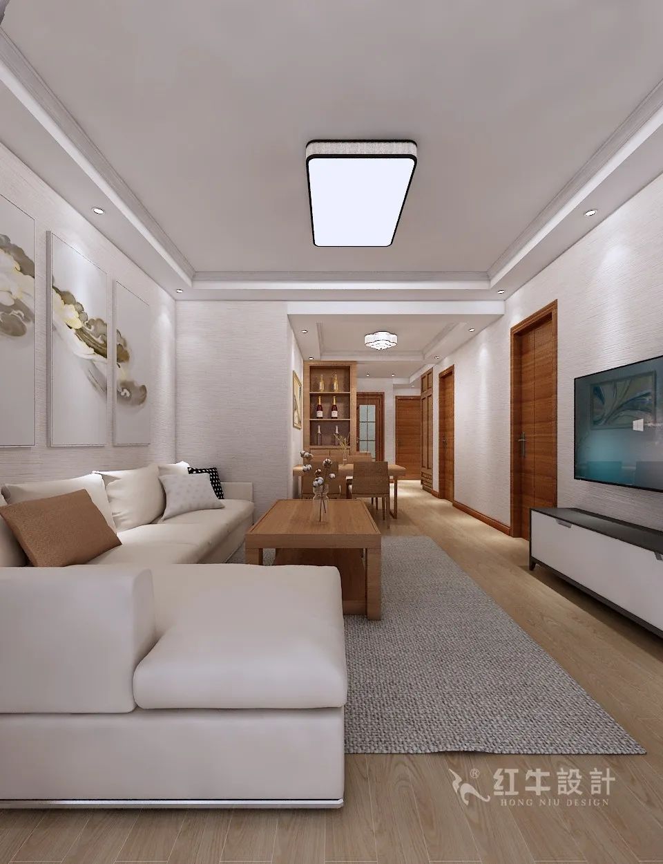 高灵慧_红牛设计--中垠紫金官邸89㎡（A户型）现代中式05效果图欣赏_客厅